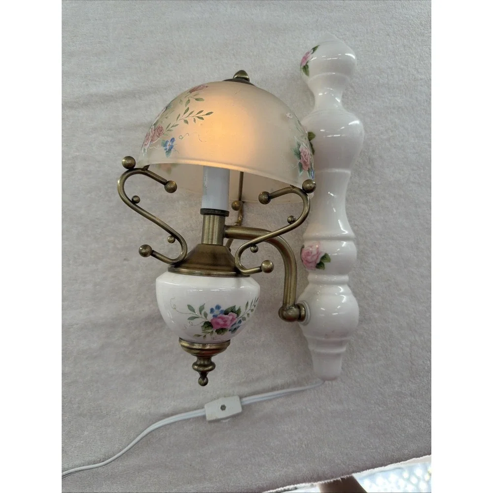 Vintage Electric Victorian Rose  Glass Floral Porcelain Wall Sconce 13